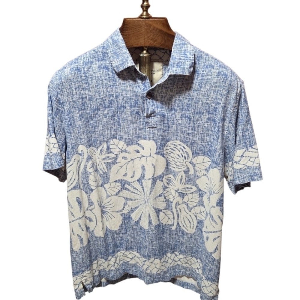 Island Republic Men’s 100% Silk Camp Hawaiian Aloha Shirt Blue White Size XL